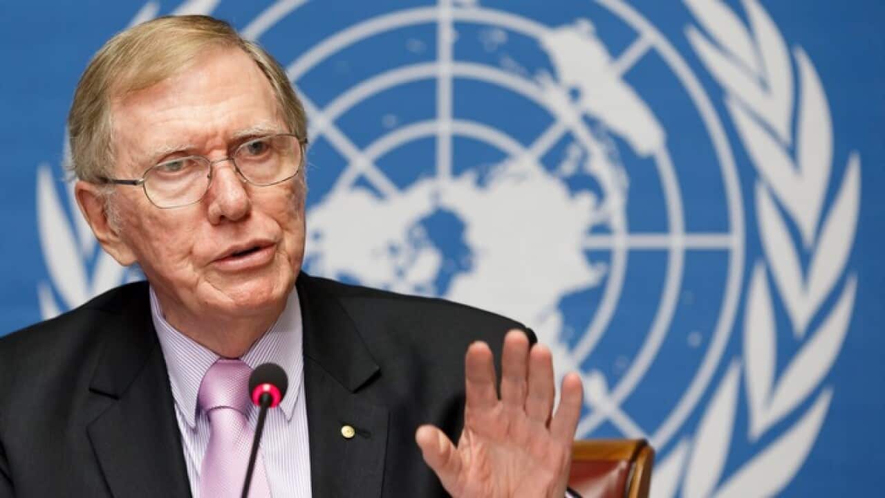 Michael Kirby at the UN in 2014 to present his report on the human rights violations in the DPRK