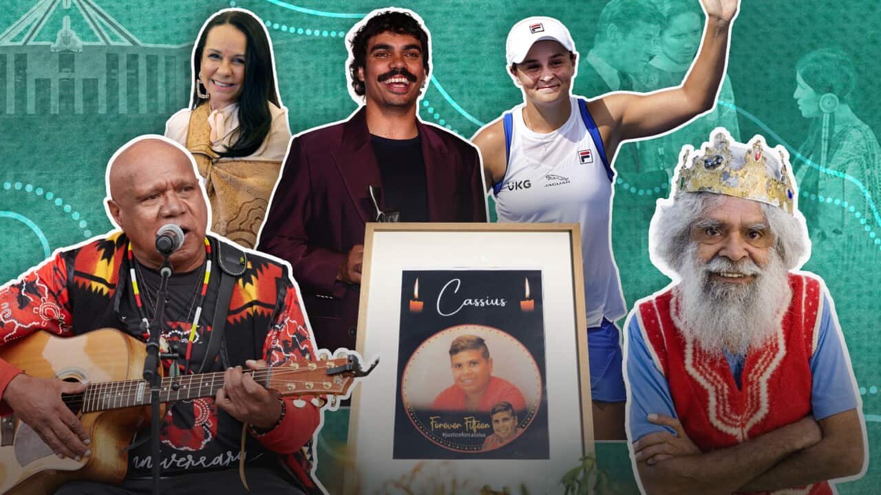 A graphic of Linda Burney, Archie Roach, Jack Charles, Ash Barty and Tony Armstrong