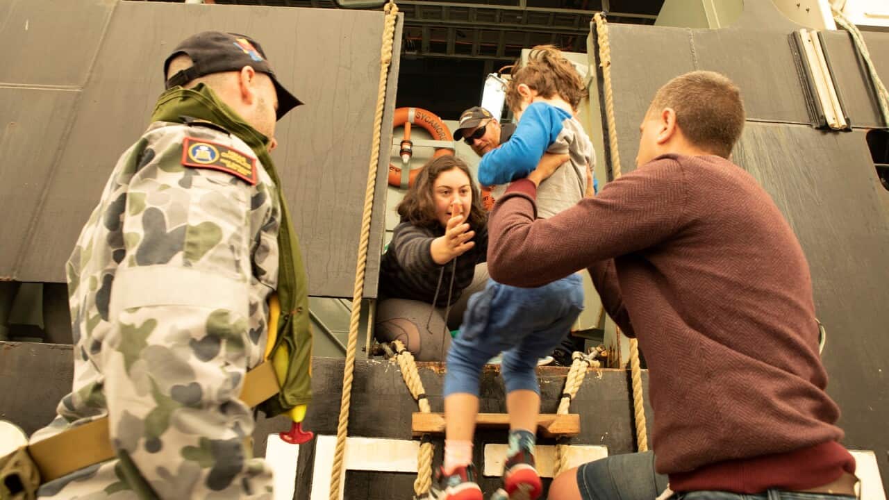 Evacuees from Mallacoota board MV Sycamore during the January fires