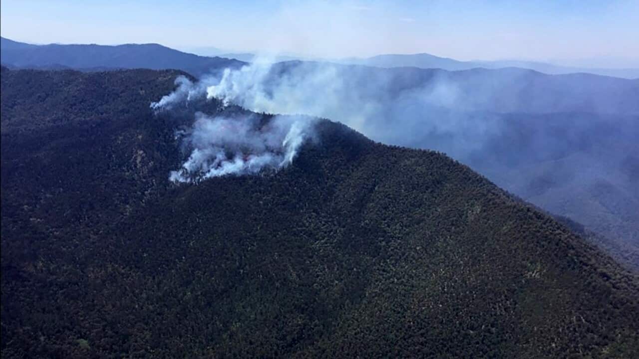 A fire burning on Mount Buggery in the alpine region of Victoria