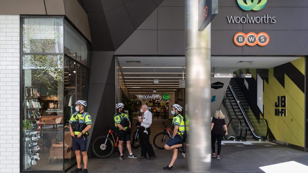 Police are seen monitoring the Perth CBD amid a five-day lockdown on Monday.