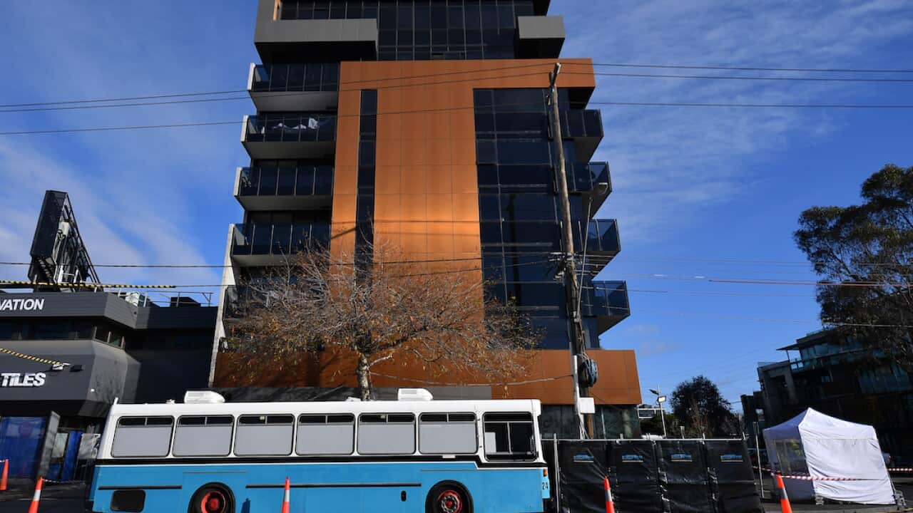 The exterior of the Isola apartment block is seen in Richmond, Melbourne, Sunday, July 18, 2021. (AAP Image/James Ross) NO