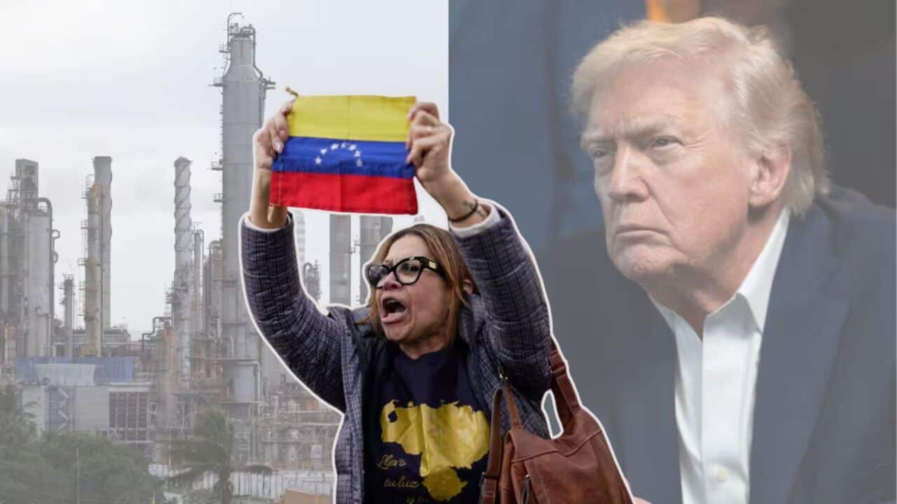 A protestor holding a Venezuelan flag is superimposed over a backdrop featuring an industrial oil refinery and a pensive Donald Trump.