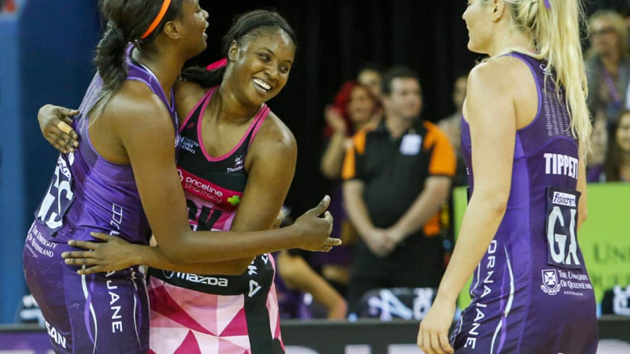 Romelda Aiken of the Firebirds and Ama Agbeze of the Thunderbirds