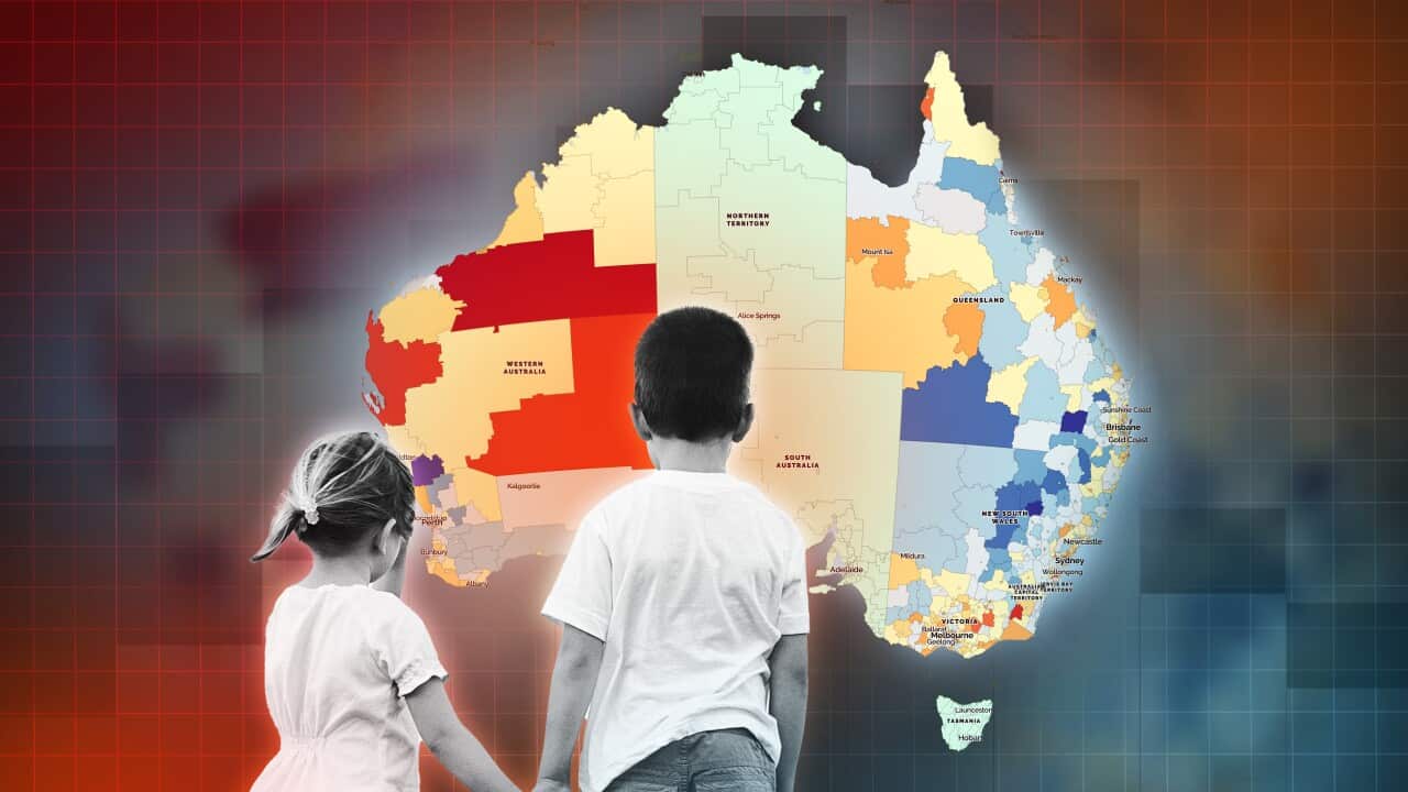 A map of Australia in the background, with two children holding hands in the foreground.