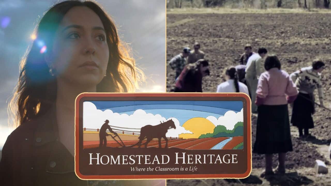 On the left is a young woman with long brown hair looking up and to her right. On the right is an archive image of a group of people toiling land. In the centre is a sign reading 'Homestead Heritage'.