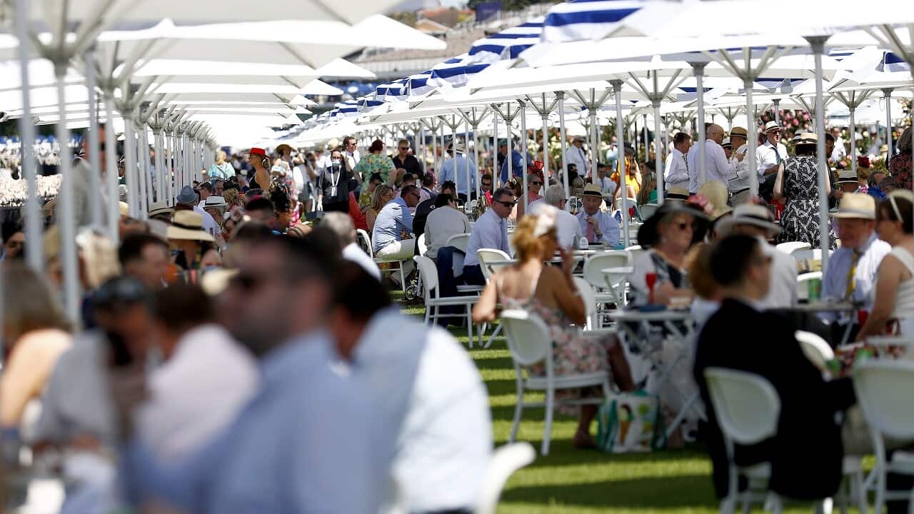 Spectators are seen during Melbourne Cup Day, at Flemington Racecourse, Melbourne.