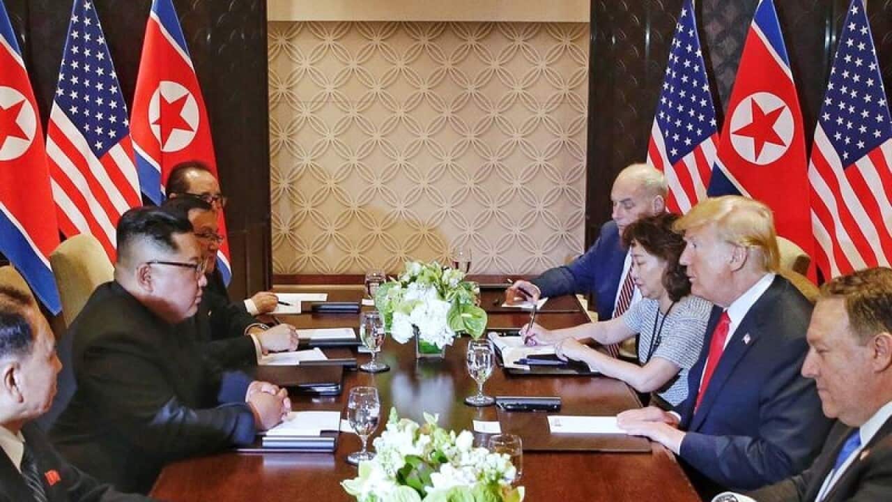 Kim Jong-un and Donald Trump during their bilateral meeting