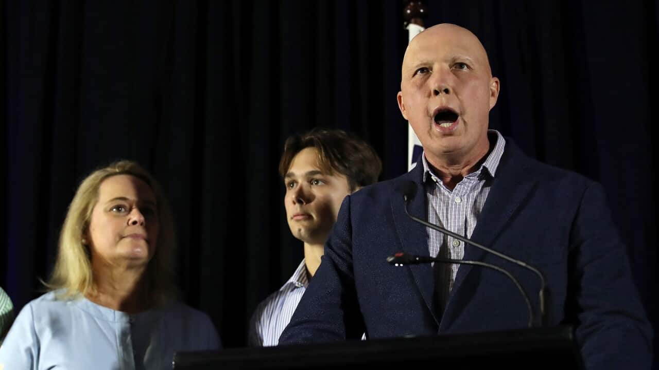 Peter Dutton speaks at his Liberal Reception for the 2022 Federal Election, in the seat of Dickson, Brisbane, Saturday, May 21, 2022. More than 17 million Australians have voted to elect the next federal government. (AAP Image/Jono Searle) NO ARCHIVING