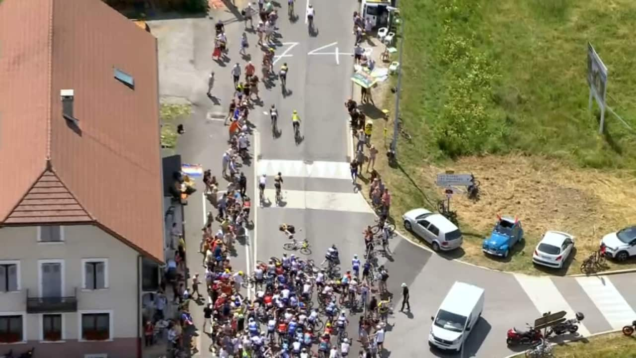 A crash blocks the road during Stage 15 of the 2023 Tour de France