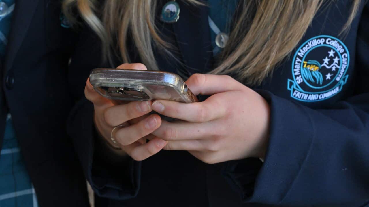 Photo of teenager's hands, using a mobile phone.