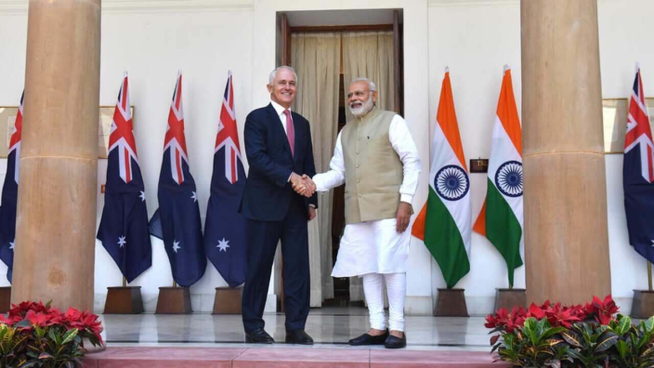 Australia's Prime Minister Malcolm Turnbull and India's Prime Minister Narendra Modi shake hands at Hyderabad House in New Delhi, India, Monday, April 10, 2017. (AAP Image/Mick Tsikas) NO ARCHIVING