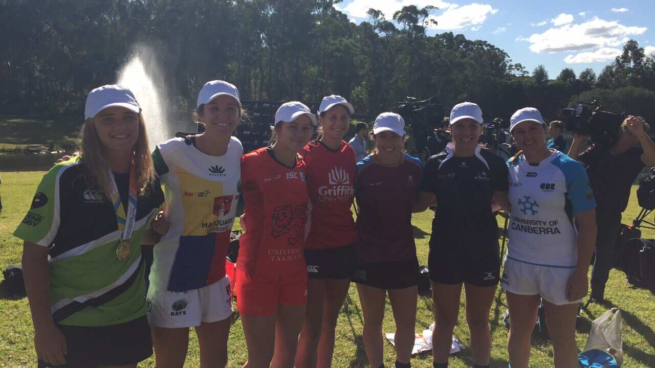 Women Rugby players at the launch of the first National Sevens competition.  