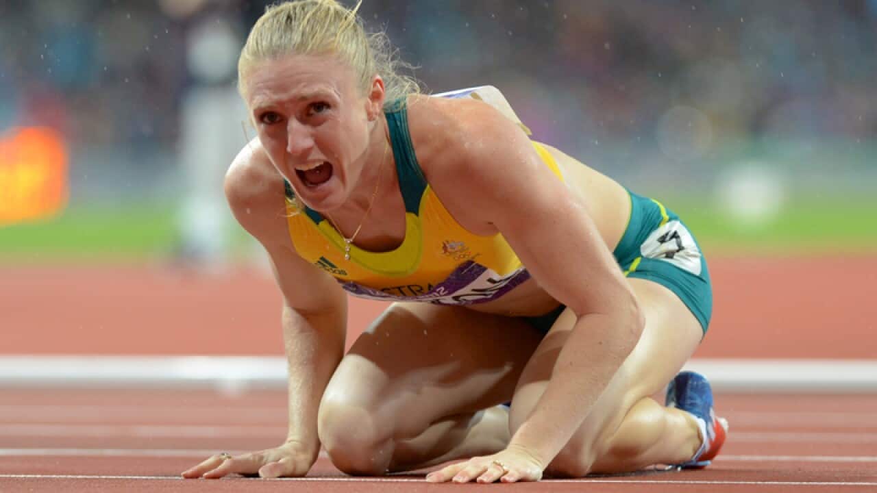 Sally Pearson reacts after winning gold at the Olympics.