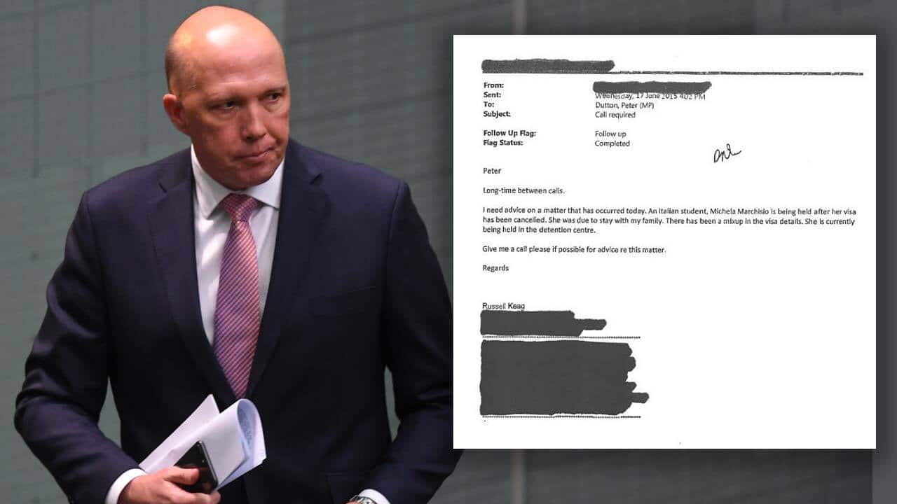 Home Affairs Minister Peter Dutton has tabled the email he received from a Queensland Police colleague asking him to help resolve a visa "mixup".