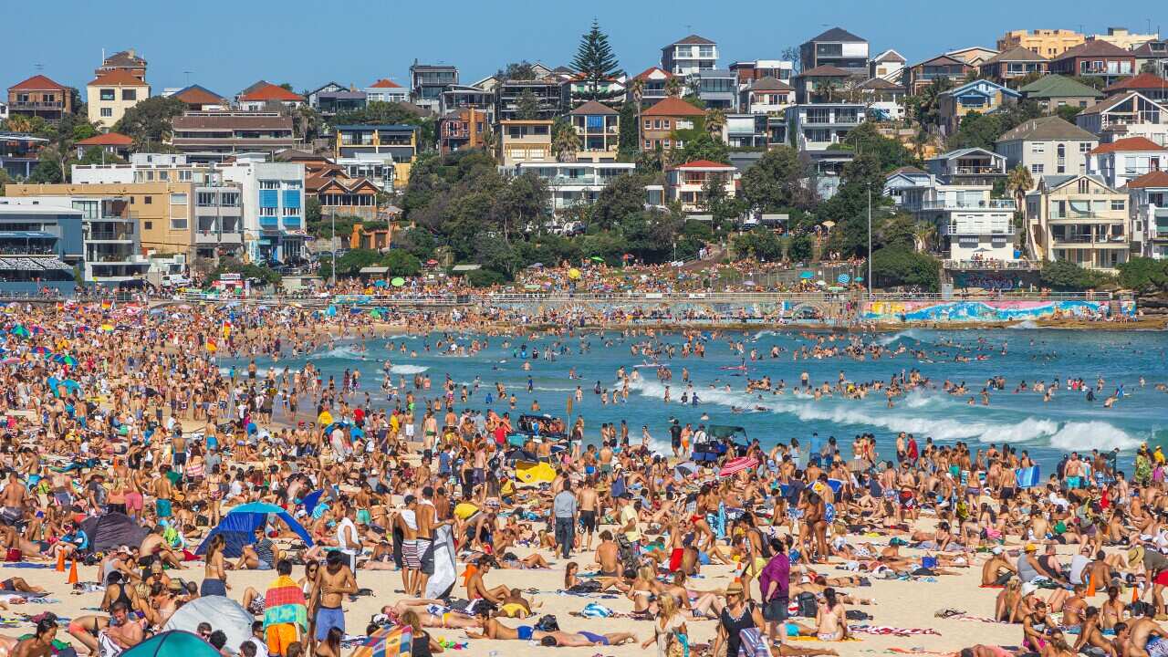 Very crowded but immensely popular Bondi Beach in Sydney