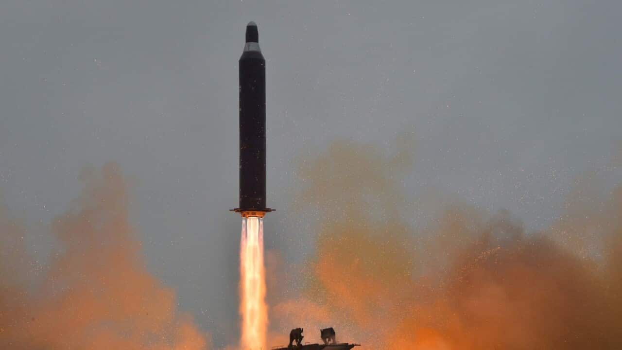 An undated file picture provided by the Korean Central News Agency (KCNA), the state news agency of North Korea, showing a missile launch