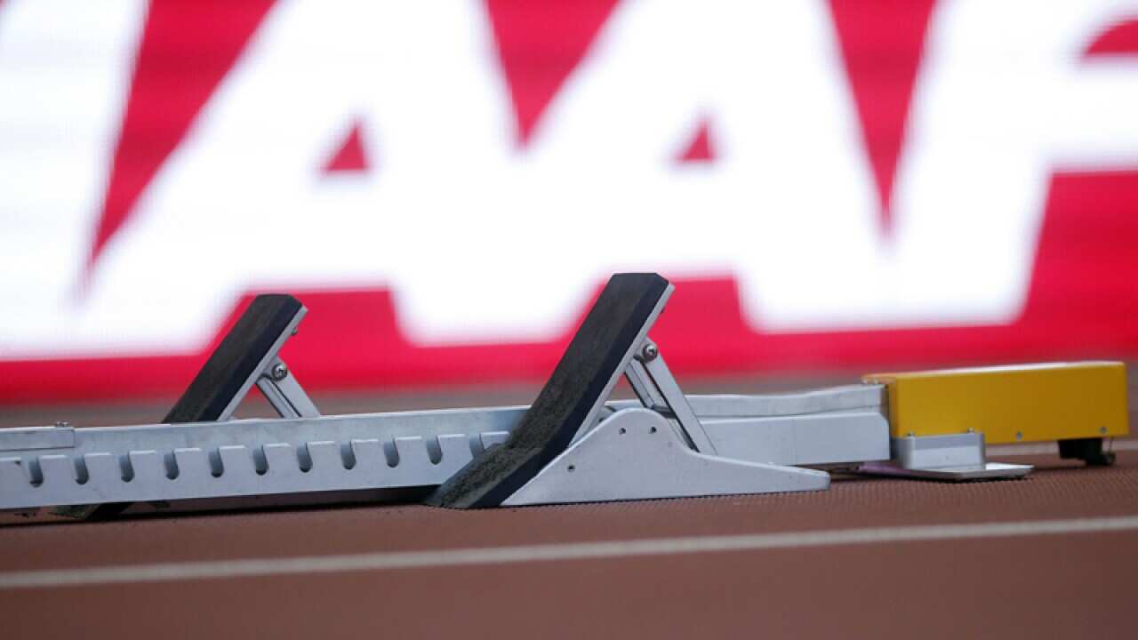 A starting block on an athletics track