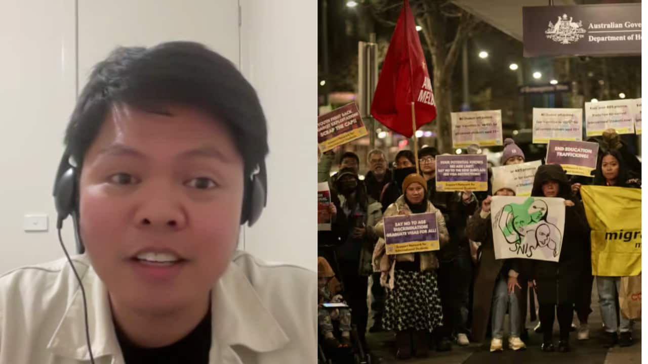 (L) Niel Evangelista is a Filipino international student who finished his course last 2024 July, (R) The ‘Solidarity Night’ was held in front of the Home Affairs office in Melbourne. Credit: Support Network for International Students