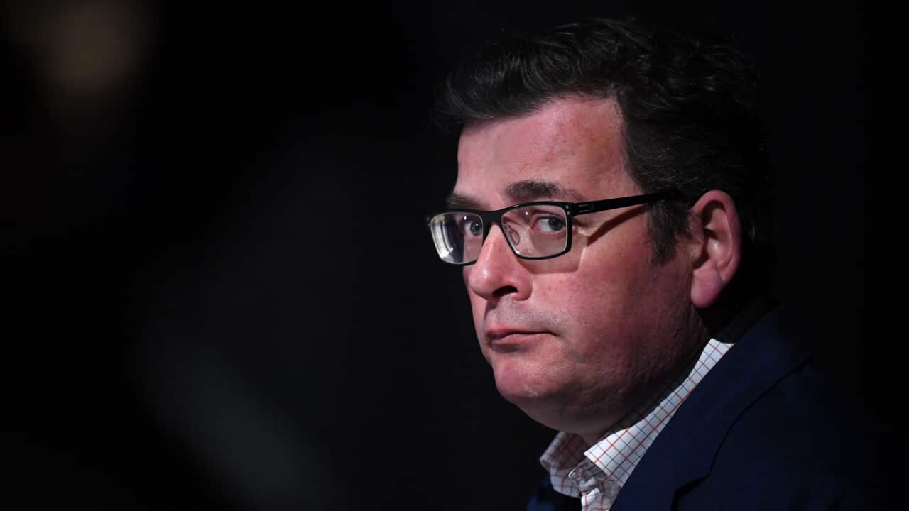 Victorian Premier Daniel Andrews looks on during a press conference in Melbourne, Monday, September 14, 2020. Victoria has recorded 35 new cases of coronavirus and seven deaths overnight. (AAP Image/James Ross) NO ARCHIVING