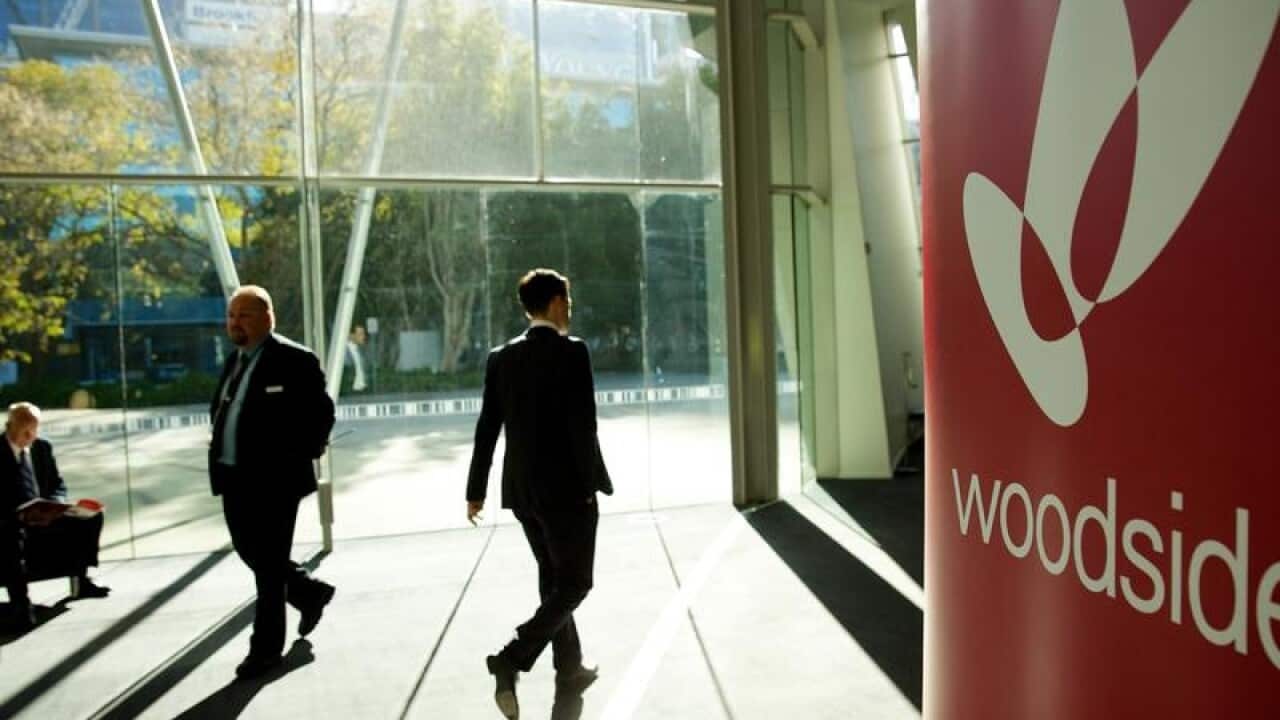 A file image of Woodside signage at their annual general meeting