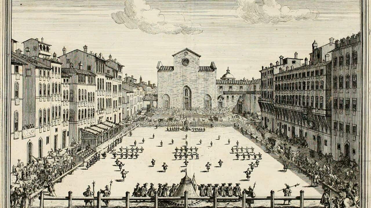 Schieramento d'inizio di una partita di calcio fiorentino in piazza Santa Croce nel 1688.