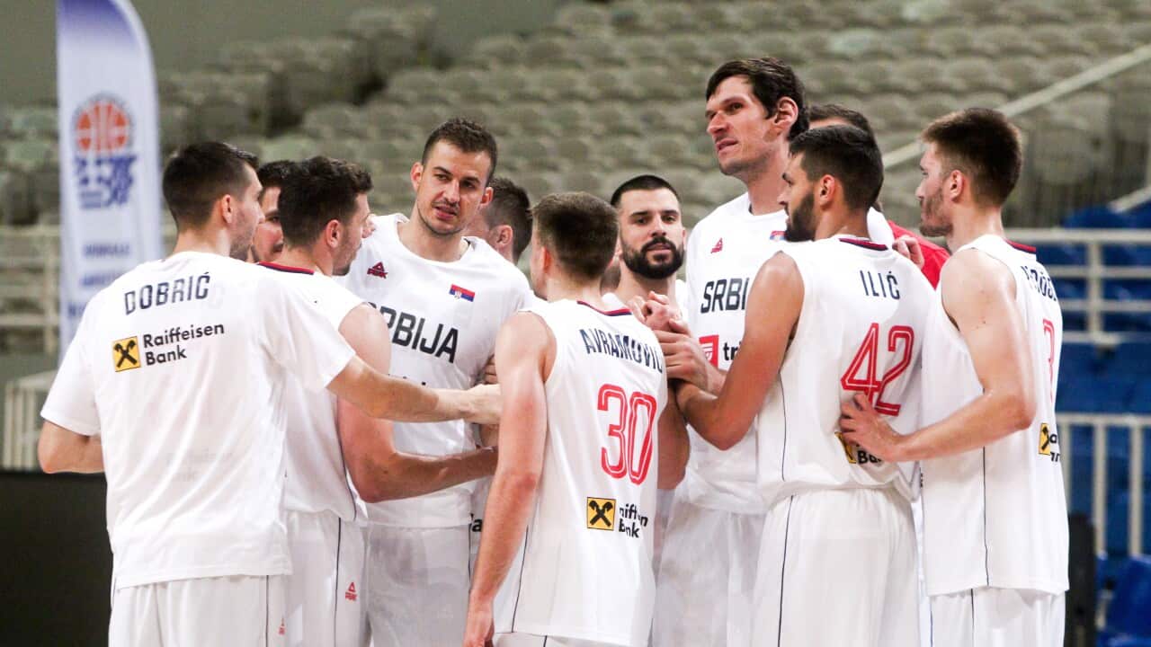 The players of Serbia national team celebrate their win at the end of the the 2nd day of the Acropolis Basketball tournament match between Serbia and Mexico, at the Olympic Sports Center in Athens, Greece, 19 June 2021.