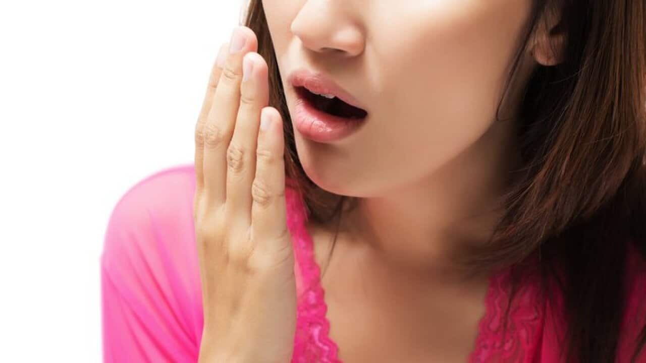 Yawning tired woman isolate on white background