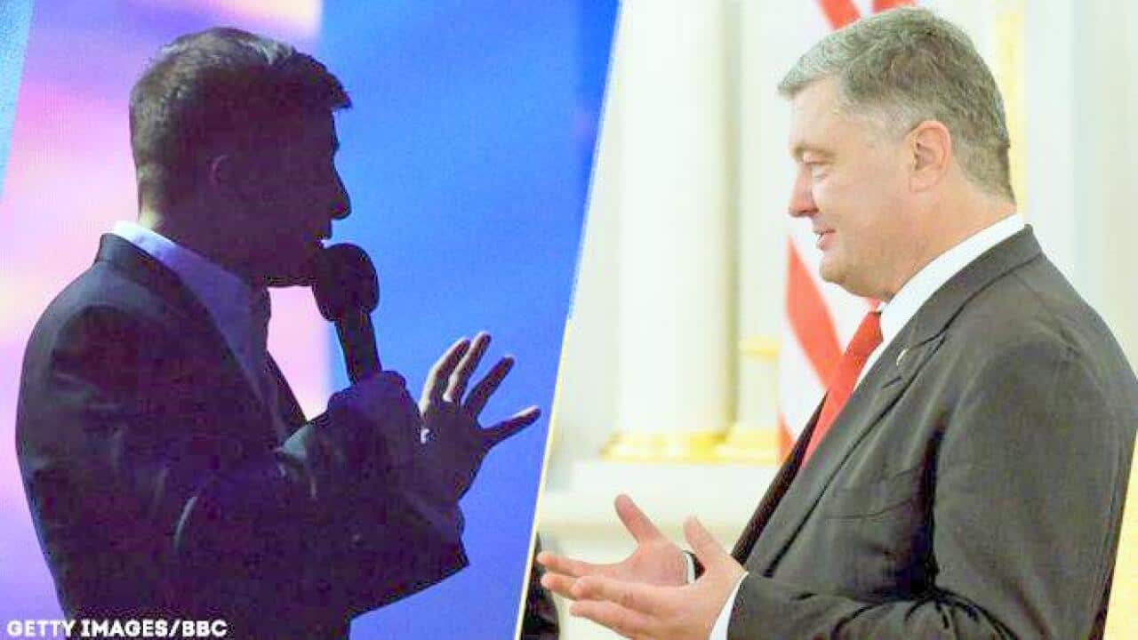 Volodymyr Zelensky and Petro Poroshenko.