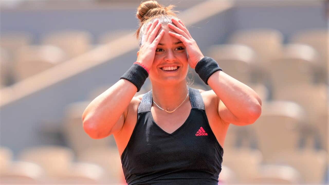 Maria Sakkari (GRE) celebrates winning her match against Iga Swiatek (POL) on day 11 of the French Open at Stade Roland Garros, Jun 9, 2021, Paris, France. 