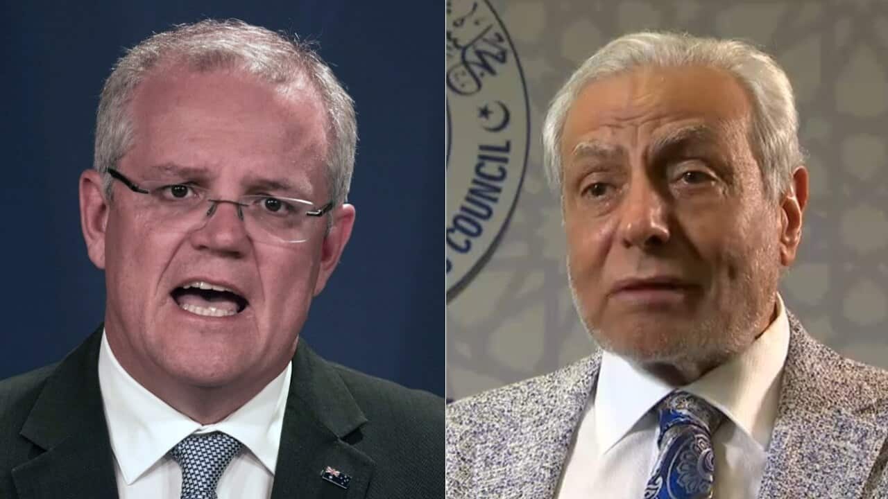 Combo image: Grand Mufti Dr Ibrahim Abu Mohamed  (R) and Prime Minister Scott Morrison speaks during a press conference in Sydney on Saturday (AAP)