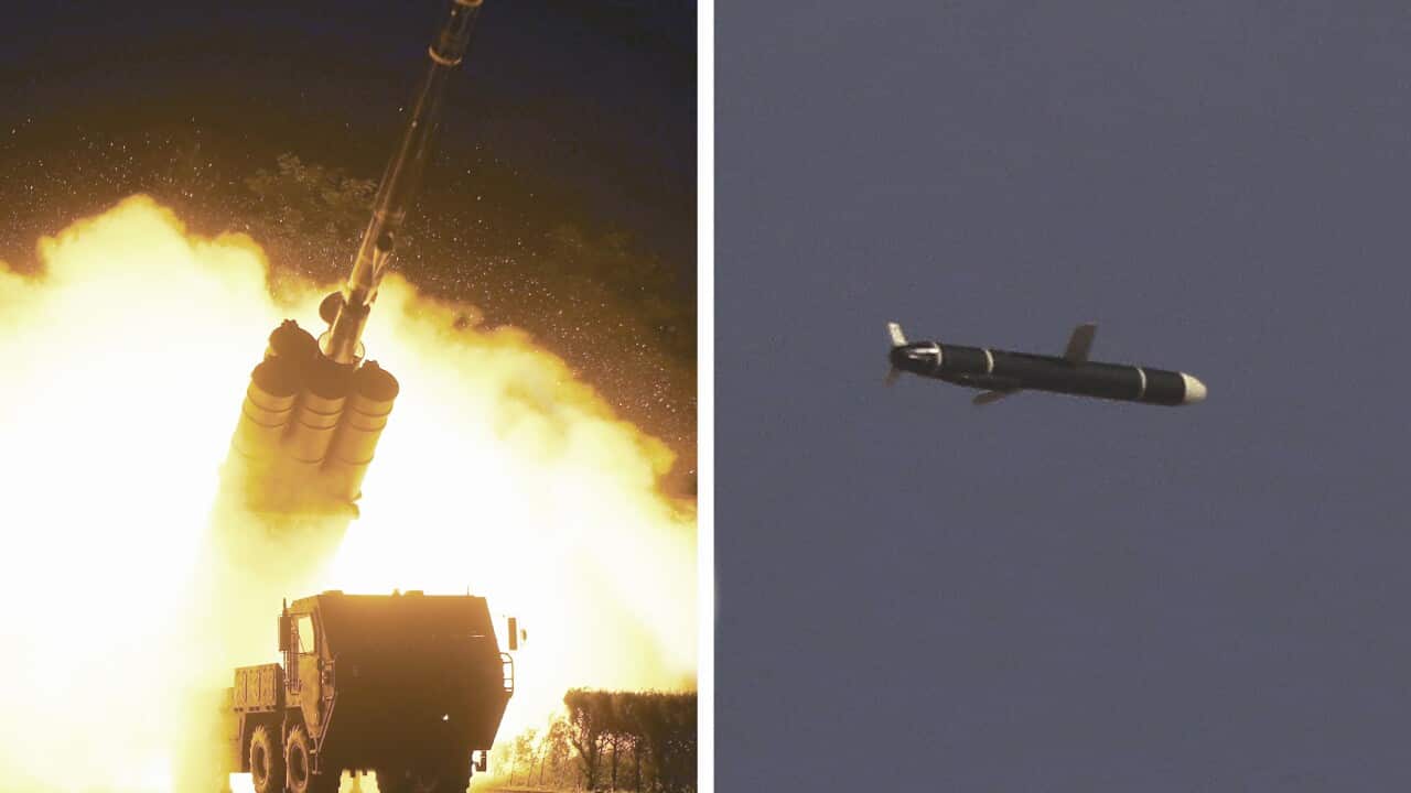 A combination of photos provided by the North Korean government showing long-range cruise missiles tests held over the weekend