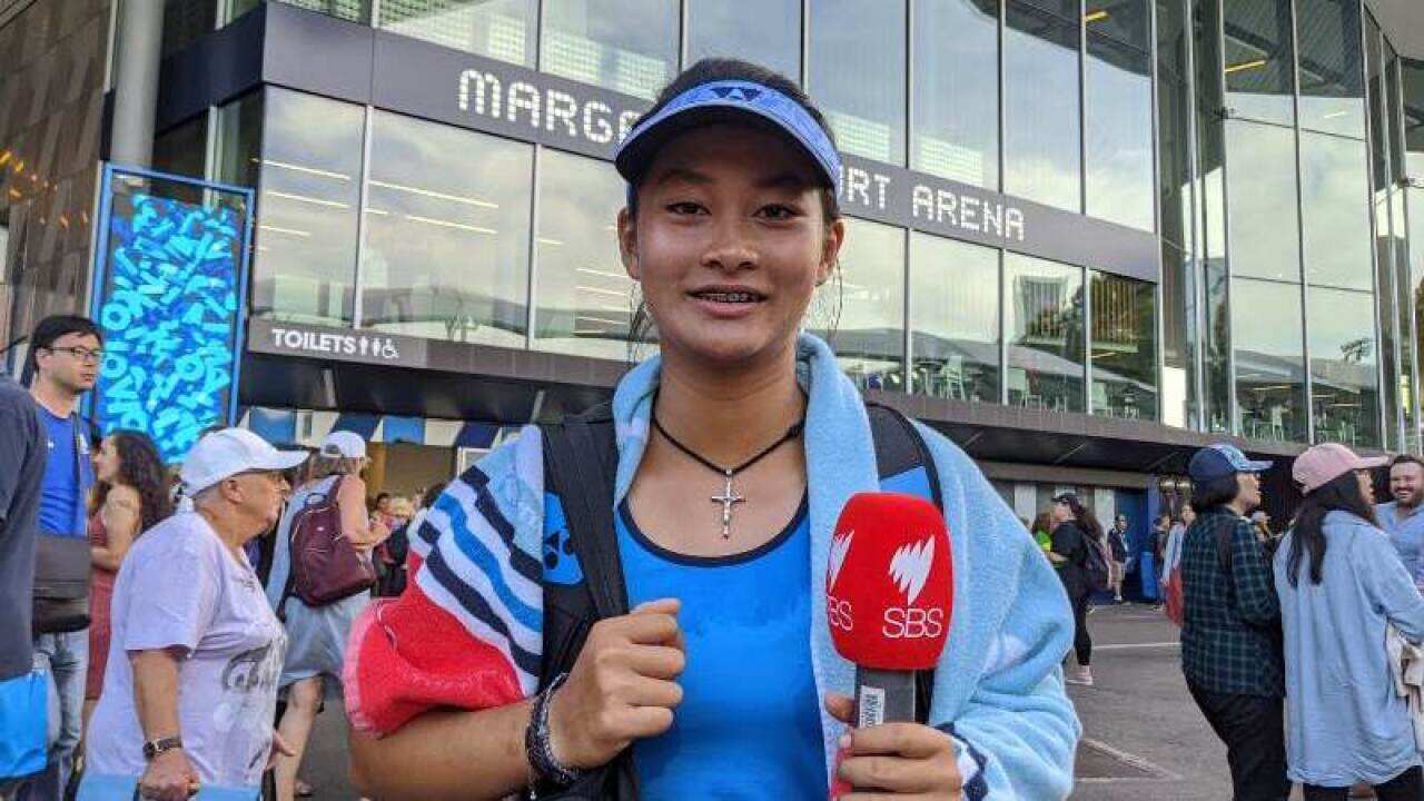 Priska Nugroho a junior player from Indonesia at the Australian Open 2020 in Melbourne after being interviewed by SBS Italian, Dario Castaldo.