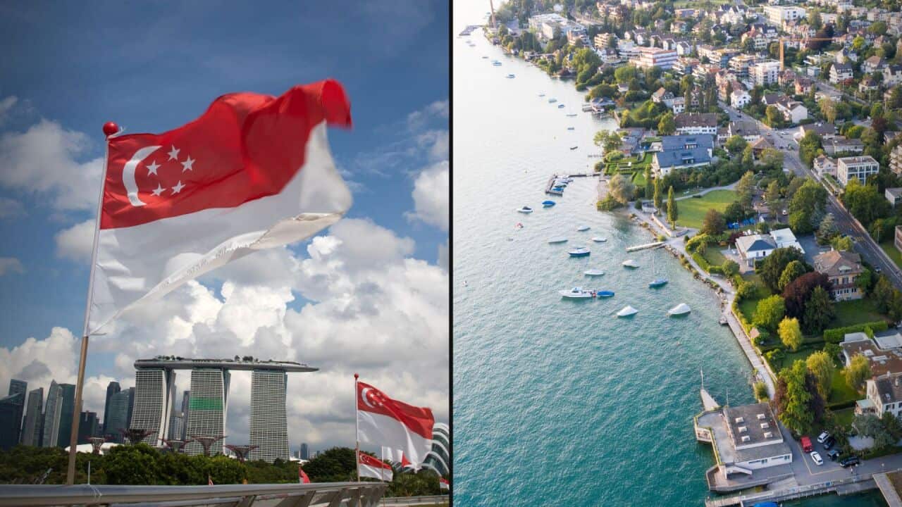 A composite of a Singapore flag and an aerial view of Zurich.