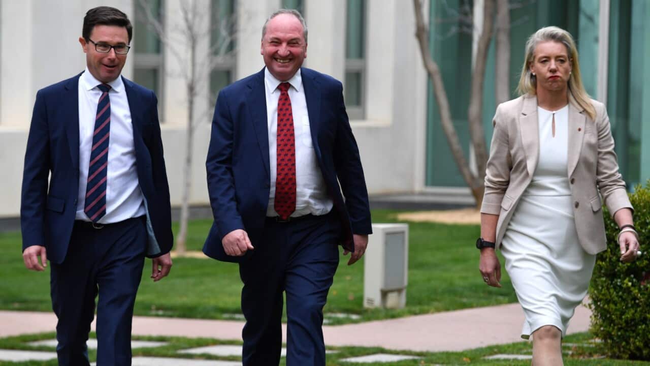 Minister for Agriculture David Littleproud, Nationals member for New England Barnaby Joyce and Nationals Senator Bridget McKenzie