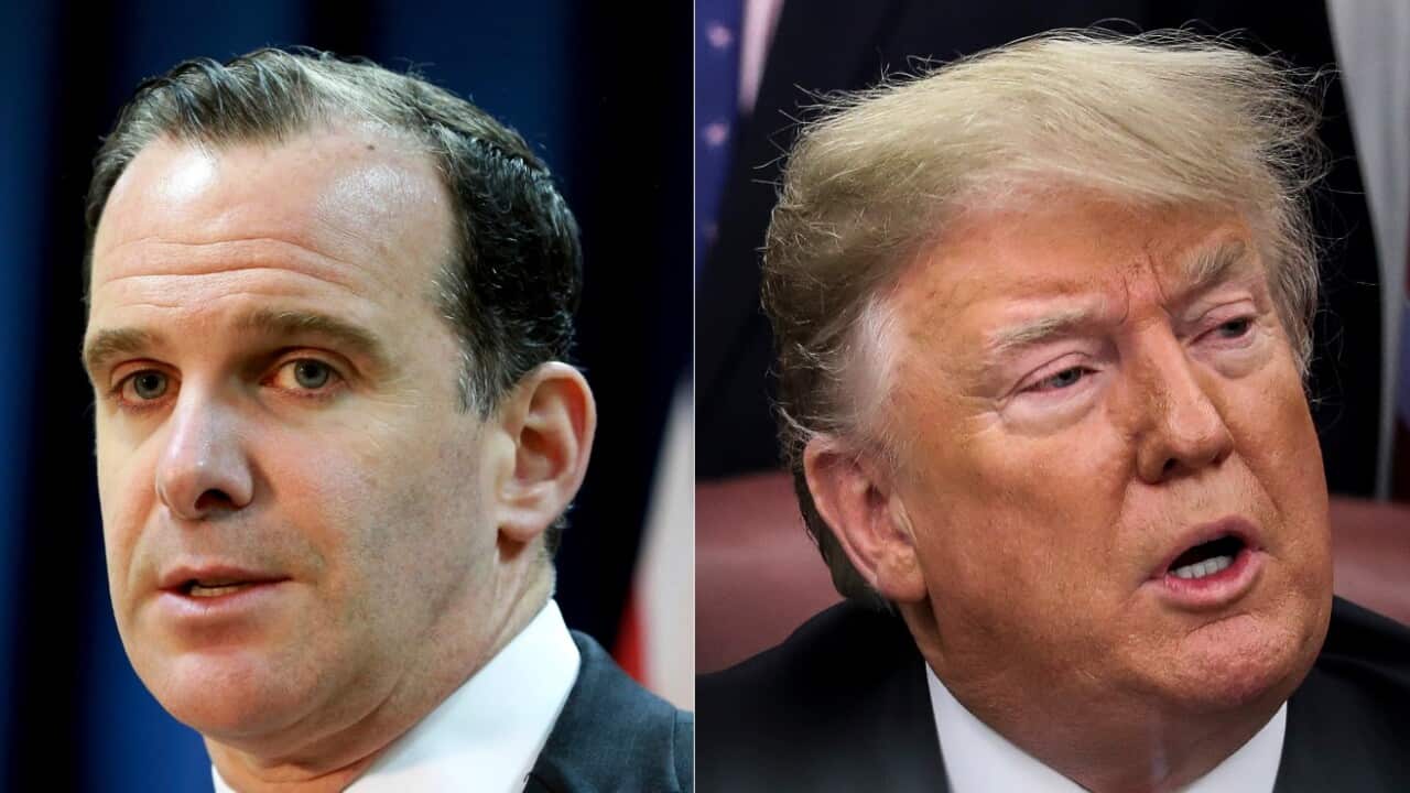 Combo image: 2017 file photo of Brett McGurk and President Donald Trump