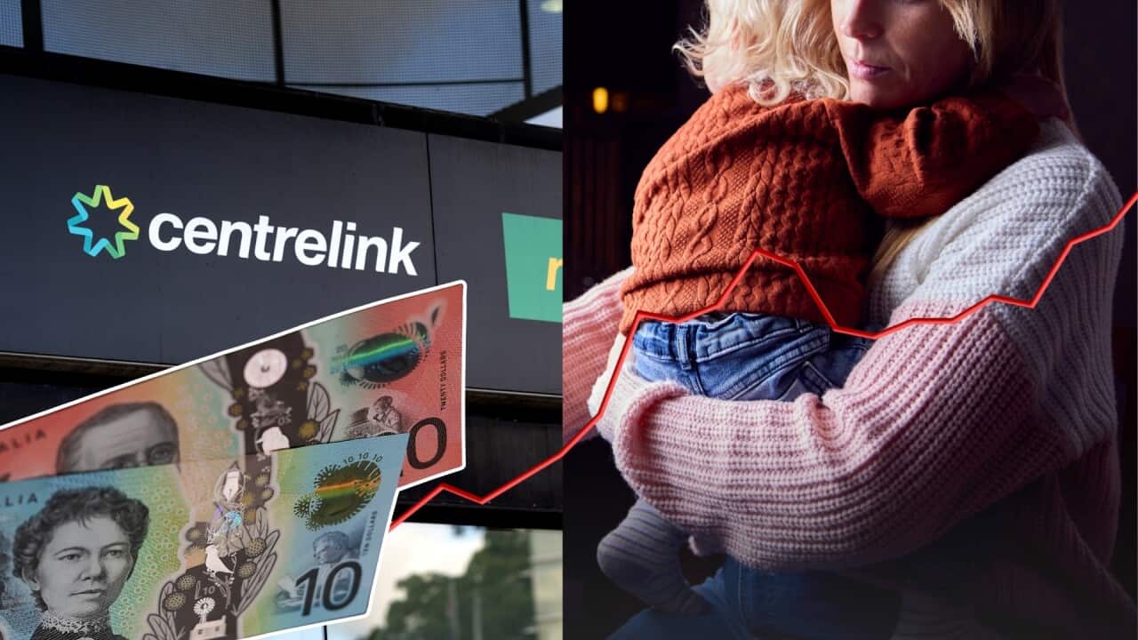 A collage with a sign that reads “Centrelink“ in the right field, and a woman holding a baby looking sad in the right field. In the foreground is a line graph going up, and some Australian dollars.