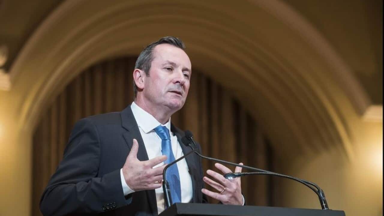 WA Premier Mark McGowan at a lectern