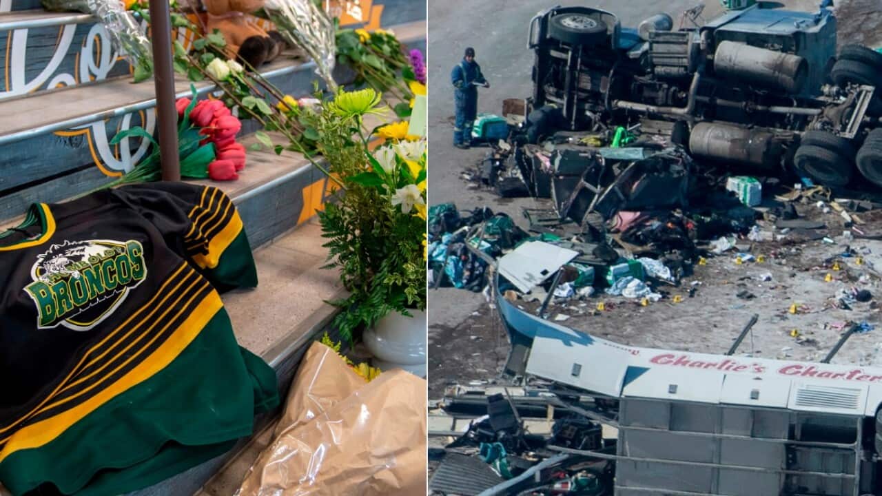 Combo image: A memorial at the stairs that lead to Elgar Petersen Arena is shown in Humboldt, and the scene of the crash