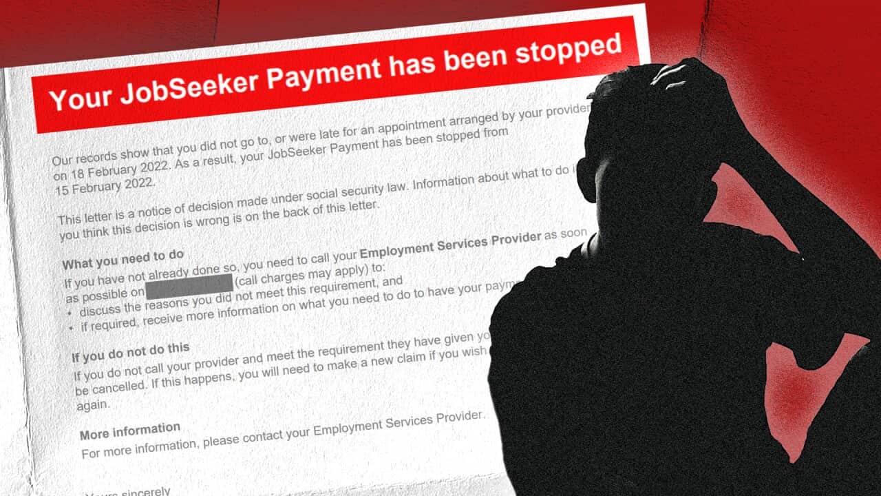A silhouette of a man and a letter from Centrelink with the text 'Your JobSeeker Payment has been stopped'