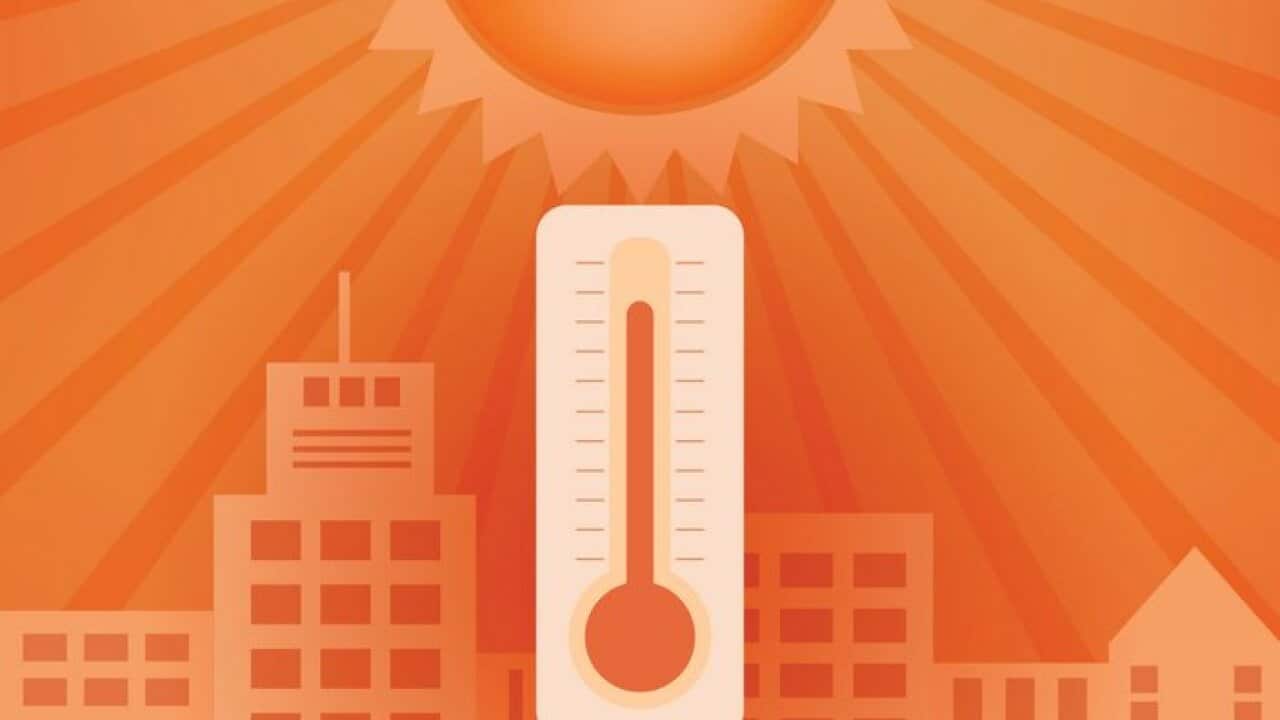 Hot day in the city with thermometer