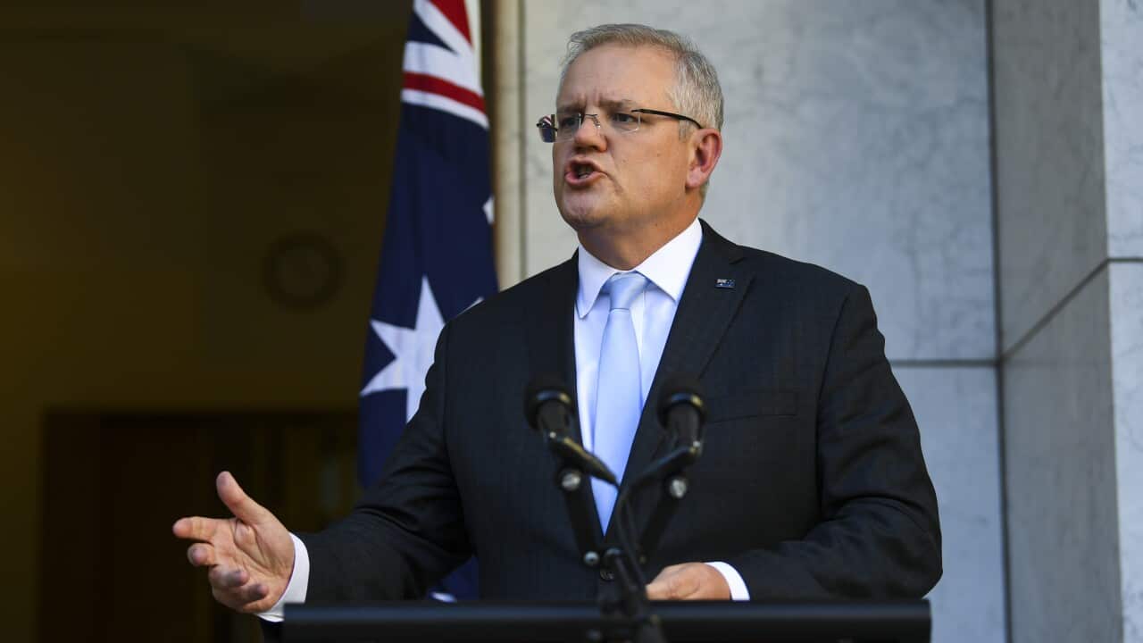 Prime Minister Scott Morrison speaks to the media during a press conference at Parliament House.
