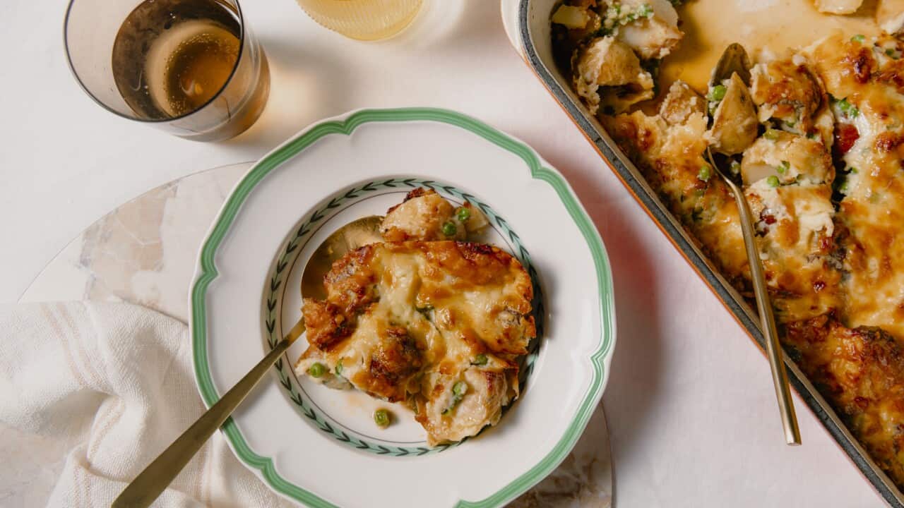 Sausage, potato and pea bake