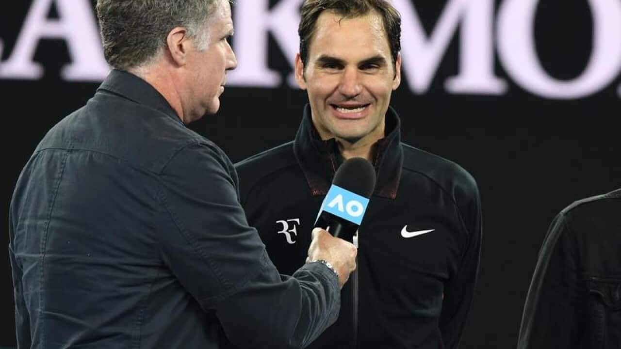 Roger Federer of Switzerland being interviewed