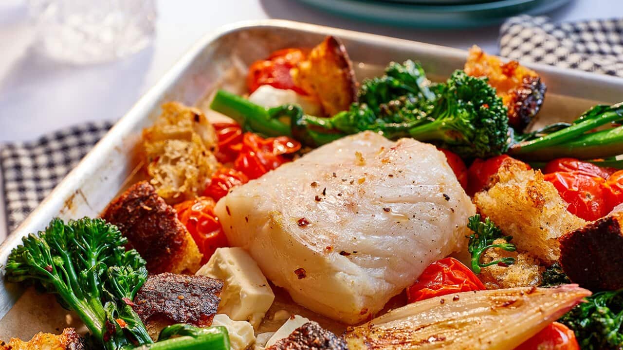 Sheet pan roasted fish and vegetables SBS Food