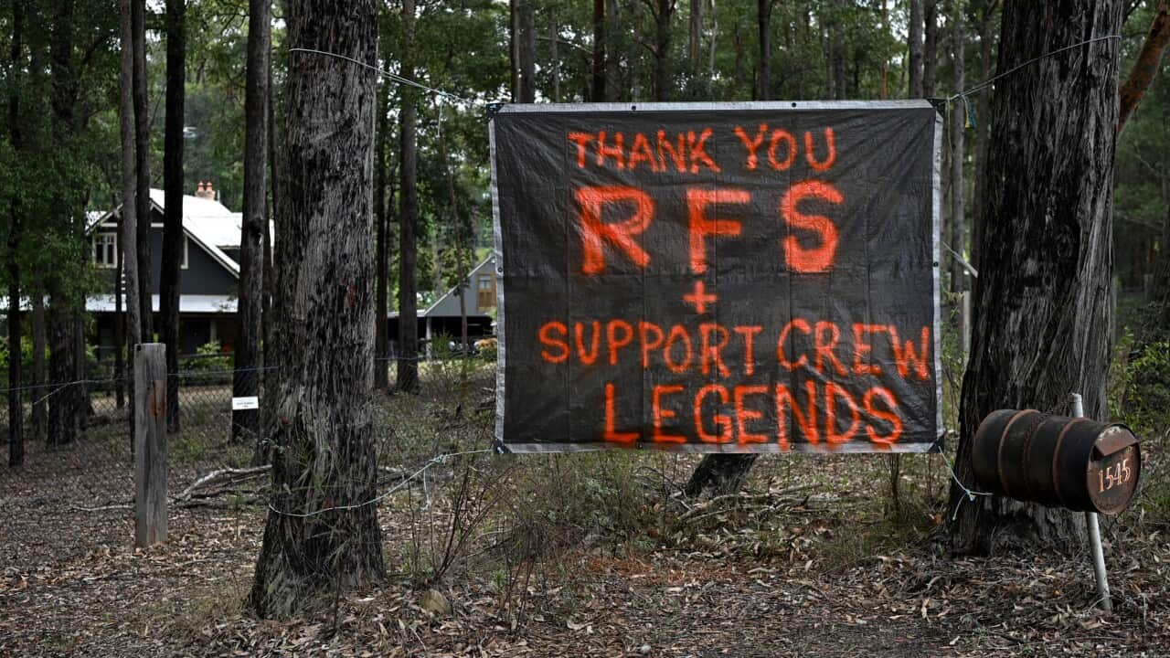 A sign thanking Rural Fire Service (RFS) members at a property at Kurrajong, Monday, January 13, 2020. (AAP Image/Joel Carrett) NO ARCHIVING
