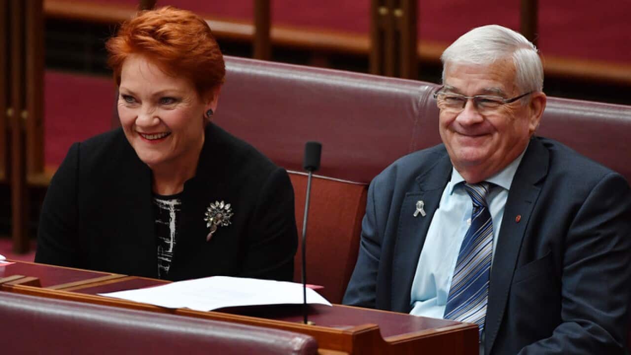 One Nation Senators Pauline Hanson and Brian Burston during general motions in the Senate chamber at Parliament House in Canberra, Monday, September 11, 2017. (AAP Image/Mick Tsikas) NO ARCHIVING