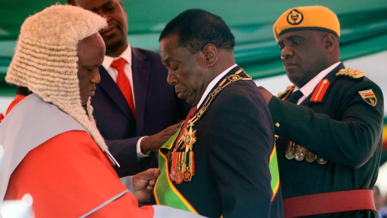 Zimbabwean President Emmerson Mnangagwa during his inauguration ceremony at the National Sports Stadium in Harare, Sunday, Aug. 26, 2018. 