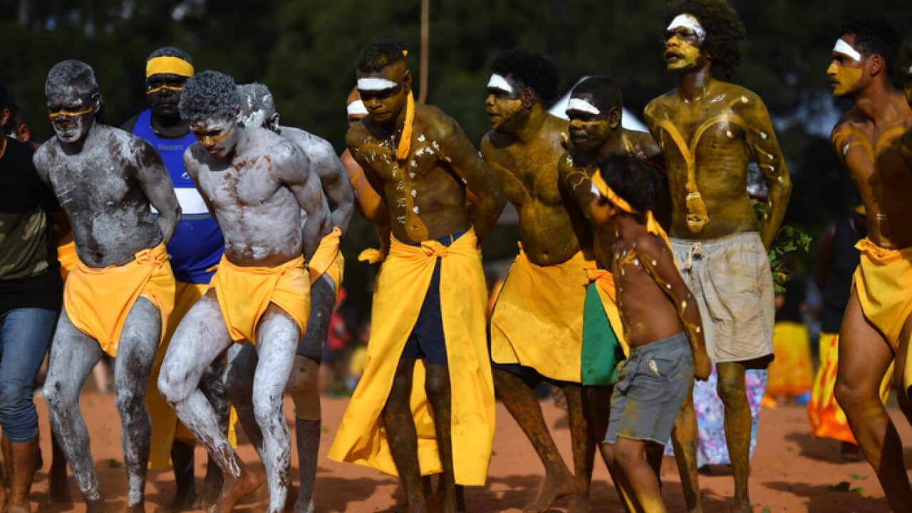 Clan members of the Yolngu people perform the Bunggul traditional dance during the Garma Festival