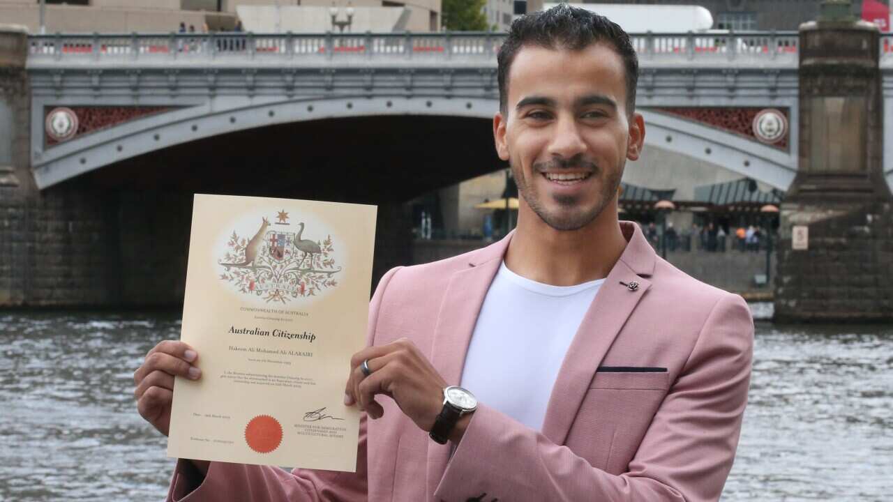 Refugee footballer Hakeem Al-Araibi receives his Australian citizenship at a ceremony in Federation Square, Melbourne. 